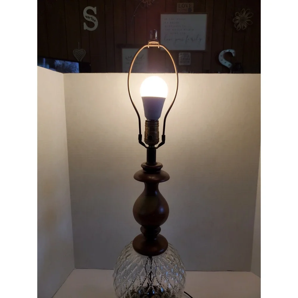 Beautiful Vintage Mid Century Clear Optical Glass, Brass & Wood Table Lamp